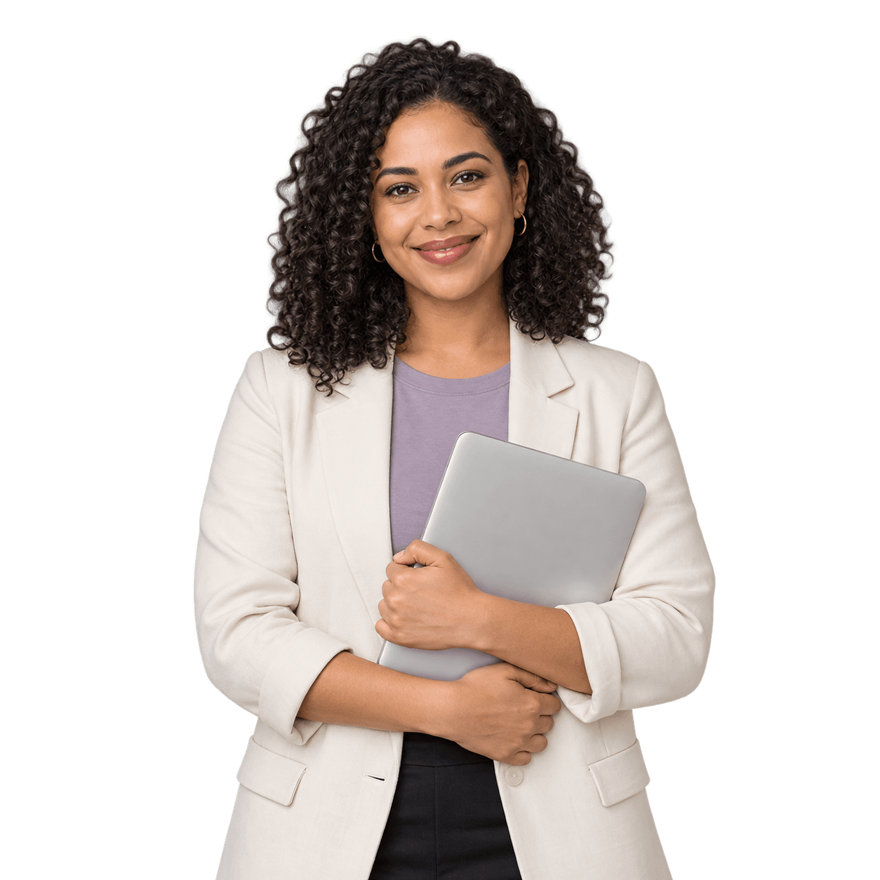 Illustrative portrait of a smiling educator holding a laptop.